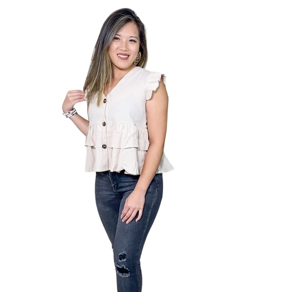 Khaki Ruffle Button Up Peplum Top - Picture 4 of 6